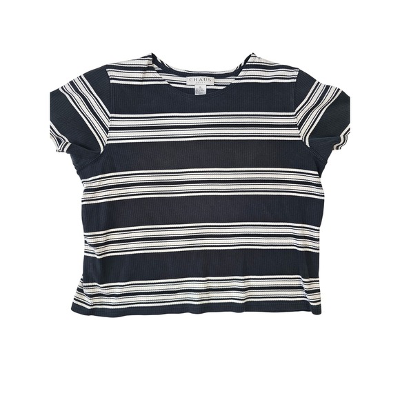 Chaus Sport Tops - Chaus Sport Womens XL Navy Blue White Striped Ribbed Cotton Short Sleeve T-Shirt